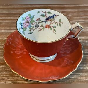 Aynsley Pembroke Tea Cup Saucer Orange Bird Floral Gold Trim Bone China England